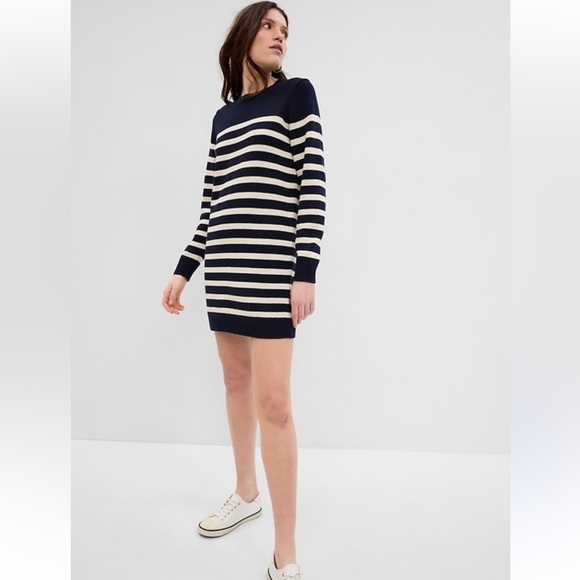 GAP Dresses & Skirts - Gap‎ striped knit sweater dress in navy blue and white cotton blend fabric sz S